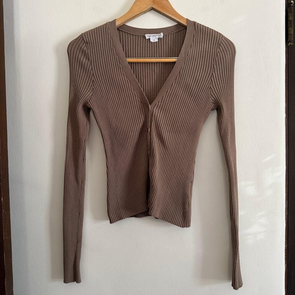 GOOD AMERICAN | Shine Rib V Neck Cardigan Sweater in Putty Brown | Small